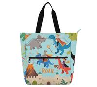 Borsa larga per bambini con simpatico dinosauro e vulcano, per ragazzi, ragazze, donne, grande, riutilizzabile, con cerniera, per scuola e tempo di gioco
