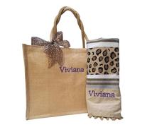 Borsa mare con telo personalizzabile con ricamo. Borsa in Juta e telo mare Idea regalo donna. Edizione limitata (Natural Maculato, XL)