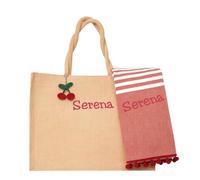 Borsa mare con telo personalizzabile con ricamo. Borsa in Juta e telo mare Idea regalo donna. Edizione limitata (Amarena, XL)