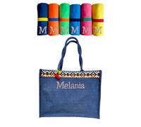 Borsa mare e telo personalizzate. Borsa in juta e telo mare in microfibra ricamate.