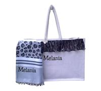 Borsa mare in juta e telo mare grande personalizzabile con ricamo. Borsa e telo animalier, regalo per maestre, festa della mamma. (Leopardato, Bianco)
