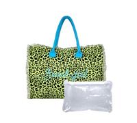 Borsa Mare Media New Leopard Maculato con Zip 100% Cotone 40x30x18cm Borsa Spiaggia (Verde)