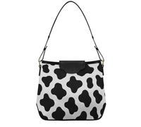 Borsa media da donna, borsa tote da donna alla moda con tasche con cerniera, borsa a tracolla nera con stampa mucca alla moda per lavoro