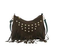 Borsa messenger da donna, alla moda, stile retrò, casual, con frange e borchie, per uso quotidiano, facile da mettere in valigia, Verde militare, 26cmX6.5cmX19cm