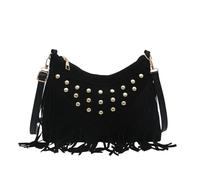 Borsa Messenger Donna Stile Retrò con Frange e Borchie per Uso Quotidiano (Black, 26cmX6.5cmX19cm)