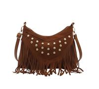 Borsa Messenger Donna Stile Retrò con Frange e Borchie per Uso Quotidiano (Brown, 26cmX6.5cmX19cm)