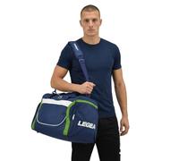 Borsa sportiva con tasche, doppia zip, tracolla regolabile, manici e loghi ricamati. 60×30×35 cm. Capiente e comoda.