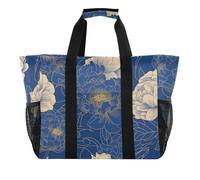 Borsa multiuso per baule pieghevole con tasche con manici e motivo floreale con peonie blu navy e oro, per la spiaggia, Blu navy oro peonia floreale 2, 1 size, Moda