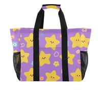 Borsa multiuso pieghevole con stelle, viola, gialla, resistente all'acqua, con manici, viola giallo stelle carino, 1 size, Moda