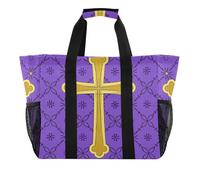 Borsa multiuso vintage con croce dorata viola floreale per baule pieghevole resistente all'acqua con manici borsa da spiaggia, Vintage croce oro viola floreale, 1 size, Moda