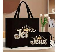 Borsa nera a tema Gesù portatile e pochette per il trucco, borsa a mano in lino da donna di grande capacità, Dio, Gesù, Cristianesimo, attività religiose, motivo con corone scintillanti e lettere di G