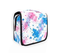 Borsa organizer per trucchi con schizzi di acquerelli blu pastello e bianco con gancio per appenderlo, borsa leggera per la cura della pelle con scomparti e manico