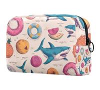 Borsa organizer per trucchi con squali carini e galleggianti in piscina, per le vacanze, per matite, cosmetici, borsa portatile per articoli da toeletta per donne e uomini, Multicolore 02