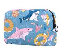 Borsa organizer per trucchi con squali carini e galleggianti in piscina, per le vacanze, per matite, cosmetici, borsa portatile per articoli da toeletta per donne e uomini, Multicolore 01