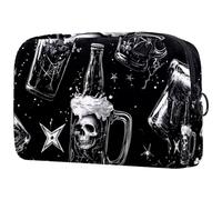 Borsa organizer per trucchi con teschio umano all'interno di un bicchiere di birra su sfondo nero, astuccio per matite e cosmetici, borsa portatile per articoli da toeletta per donne e uomini