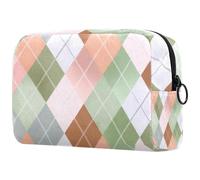 Borsa organizer per trucchi estetica pastello pesca verde salvia e bianco con motivo a rombi astuccio per cosmetici borsa portatile per articoli da toeletta per donne e uomini, Multicolore 01