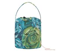 Borsa organizer per uncinetto stereoscopica 3D con rose stereoscopiche blu-verdi con fori all'uncinetto per kit di lavoro a maglia da viaggio