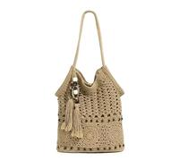Borsa Paglia Borsa da donna alla moda con borsa a tracolla nappa perline in legno, borse chiusura a cerniera dal design intrecciato Borsa Paglia Donna(Coffee)