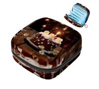 Borsa per assorbenti igienici, borsa portatile per coppette mestruali, borsa per il primo ciclo mestruale per donne e ragazze, borsa imbottita per torte dolci margherite sfondo legno antico cerniera