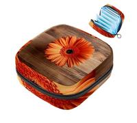 Borsa per assorbenti igienici, borsa portatile per coppette mestruali, borsa per il primo ciclo mestruale, per donne e ragazze, gerbera su sfondo in legno con cerniera