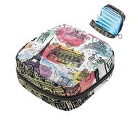 Borsa per assorbenti igienici disegnata a mano, colorata, con edifici famosi in tutto il mondo, grande sacchetto mestruale con cerniera, per assorbenti mestruali, per ragazze e donne