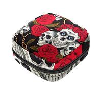 Borsa per assorbenti mestruali con teschi e rose rosse, borsa portatile per coppette mestruali, con cerniera, per adolescenti, ragazze, donne e donne