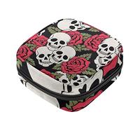 Borsa per assorbenti mestruali con teschio e rosa, portatile, con cerniera, per adolescenti, ragazze, donne e donne