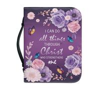 Borsa per bibbia con cerniera, grande, in pelle, personalizzata, per uomo e donna, borsa, bibbia, libro, chiesa, manico, Fiore & Farfalla e Croce, L