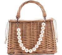 Borsa per cesti, borsa per vimini intrecciata da 9,1 pollici con rivestimento in tessuto e ciondolo perla, borsa per cesti di chiusura rustica, borsa da spiaggia vintage per viaggi in spiaggia estiva