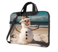 Borsa per computer portatile, borsa a tracolla con pupazzo di neve sulla spiaggia sabbiosa, Nero, 14 inch