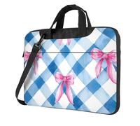 Borsa per computer portatile da 15,6 pollici, motivo scozzese blu e bianco, con fiocco rosa, con tracolla, portatile, antiurto, protettiva, per donne e uomini, Multicolore, 15.6 inch