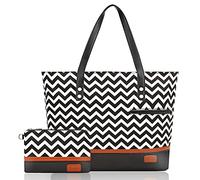 Borsa per computer portatile da donna, grande tela da donna, borsa impermeabile per computer, borsa da lavoro per donne, adatta per laptop da 15,6 pollici, Nero con onde, L