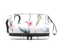 Borsa per cosmetici a doppio strato con cicogne grigie ad acquerello e fiori rosa, per donne e ragazze, borsa da viaggio per trucchi, pratica borsa organizer con scomparto per pennelli, Multi,