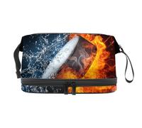 Borsa per cosmetici a doppio strato con disco da hockey nel fuoco e acqua, per donne e ragazze, borsa da viaggio per trucchi pratica borsa organizer con scomparto per pennelli, Multi, 27x15x14