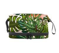 Borsa per cosmetici a doppio strato con fenicottero nelle foglie tropicali della giungla, per donne e ragazze, borsa da viaggio per trucchi pratica borsa organizer con scomparto per pennelli, Multi,