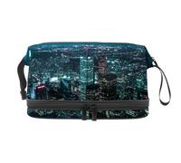 Borsa per cosmetici a doppio strato con foto aerea di Night City, per donne e ragazze, borsa da viaggio per trucchi, pratica borsa organizer con scomparto per pennelli, Multi, 27x15x14 cm/10.6x5.9x5.5