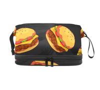 Borsa per cosmetici a doppio strato con hamburger e ketchup, per donne e ragazze, borsa da viaggio per trucchi, pratica borsa organizer con scomparto per pennelli, Multi, 27x15x14 cm/10.6x5.9x5.5 in,
