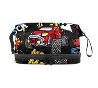 Borsa per cosmetici a doppio strato con Monster Truck Car on Grunge, per donne e ragazze, borsa da viaggio per trucchi, pratica borsa organizer con scomparto per pennelli, Multi, 27x15x14