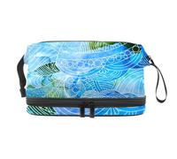 Borsa per cosmetici a doppio strato con motivo a conchiglie acquerellate blu Zen Art, per donne e ragazze, borsa da toeletta da viaggio per trucchi, pratica borsa organizer con scomparto per pennelli,