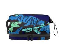Borsa per cosmetici a doppio strato con motivo "Danger Monster Sharks", per donne e ragazze, trousse da viaggio per trucchi, pratica borsa organizer con scomparto per pennelli, Multi, 27x15x14