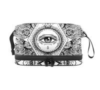 Borsa per cosmetici a doppio strato con motivo mandala rotondo con occhio che vede tutto vedente, per donne e ragazze, borsa da viaggio per trucchi pratica borsa organizer con scomparto per pennelli,