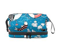 Borsa per cosmetici a doppio strato con motivo nautico marinai e pesci, per donne e ragazze, borsa da viaggio per trucchi, pratica borsa organizer con scomparto per pennelli, Multi, 27x15x14