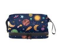 Borsa per cosmetici a doppio strato con motivo Space Doodle Planet Rocket Moon and Sun per donne e ragazze, borsa da viaggio per trucchi pratica borsa organizer con scomparto per pennelli, Multi,