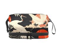 Borsa per cosmetici a doppio strato con nuvole rosse con sole e gru, per donne e ragazze, borsa da viaggio per trucchi, pratica borsa organizer con scomparto per pennelli, Multi, 27x15x14