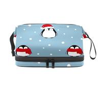 Borsa per cosmetici a doppio strato con pinguino con cappello rosso sulla neve, per donne e ragazze, borsa da viaggio per trucchi pratica borsa organizer con scomparto per pennelli, Multi, 27x15x14