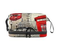 Borsa per cosmetici a doppio strato con poster vintage di Londra, per donne e ragazze, borsa da viaggio per trucchi, pratica borsa organizer con scomparto per pennelli, Multi, 27x15x14 cm/10.6x5.9x5.5