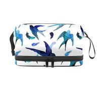 Borsa per cosmetici a doppio strato con rondini e piume ad acquerello, per donne e ragazze, borsa da viaggio per trucchi, pratica borsa organizer con scomparto per pennelli, Multi, 27x15x14
