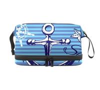 Borsa per cosmetici a doppio strato con ruota di ancoraggio nautica e stella marina su strisce blu, per donne e ragazze, borsa da viaggio per trucchi pratica borsa organizer con scomparto per