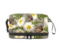 Borsa per cosmetici a doppio strato con sfondo in legno con camomille e farfalle, per donne e ragazze, borsa da viaggio per trucchi, pratica borsa organizer con scomparto per pennelli, Multi, 27x15x14
