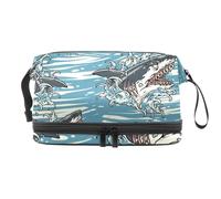 Borsa per cosmetici a doppio strato con squalo pericoloso sulle onde, per donne e ragazze, borsa da viaggio per trucchi pratica borsa organizer con scomparto per pennelli, Multi, 27x15x14